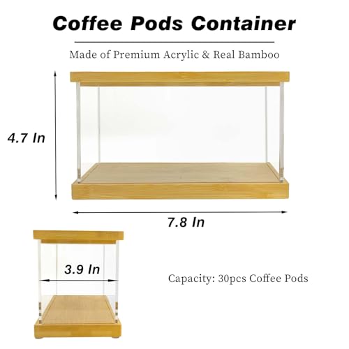 Coffee Pod Holder Laundry Pods Container, Acrylic Dishwasher Pod Container with Bamboo Lid and Extra Labels, Candy Dispenser for Coffee Bar Kitchen Countertop