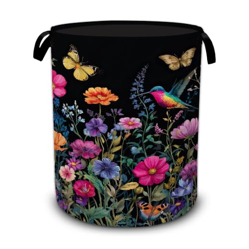Wildflowers Laundry Basket,Hummingbirds Butterfly Foldable Oxford Laundry Hamper with Handles,Portable Clothes Tote Bag Clothes Storage Bucket Organizer 20.8" x16" For Bathroom/Laundry Storage/Bedroom - color: Wildflowers Hummingbirds Butterfly