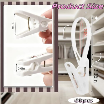 60 Pcs White Multi-Purpose Laundry Hooks Hanging Clips Bulk with Plastic Rope Hanger Clips for Hanging Clips for Baby Clothes, Pants, Hat, Socks, Towels, Bras - Closet, Bathroom & Kitchen Organization