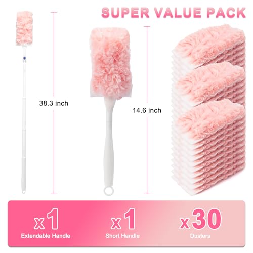 KeFanta Duster Refills Kit with 3ft Extended Handle,Short Handle,30 Refills - color: Pink