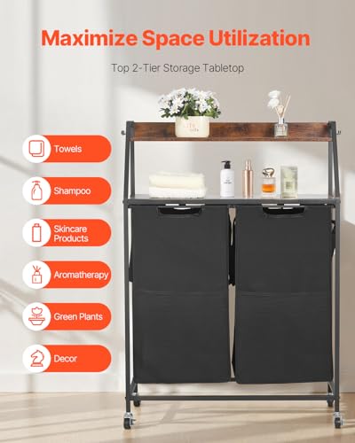VEVOR 2 Tiers Laundry Sorter, Tall Laundry Hamper with Metal Frame and Wooden Tabletop, 2 Section Rolling Basket Organizer Storage with Ladder Shelves and 600D Oxford Cloth Bags for Dirty Clothes - style: 2 Tiers