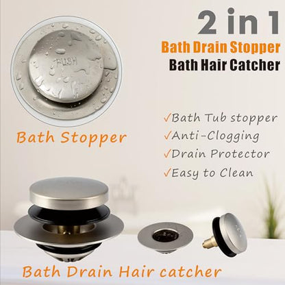 Artiwell Tub Drain, 2 in 1 Pop-up Bathtub Plug with Hair Catcher - color: Brushed Nickel