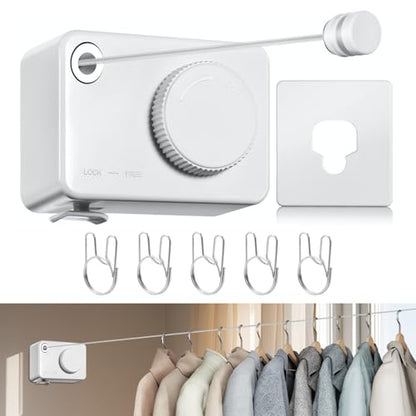 Retractable Clothesline Indoor, Non-Sagging Clothes Line Retracting Outdoors,13.8Ft Heavy Duty Clothes Drying Laundry Line, Wall Mounted Clothesline with 5pcs Hooks (RectangleWhite) - color: White-13.8ft