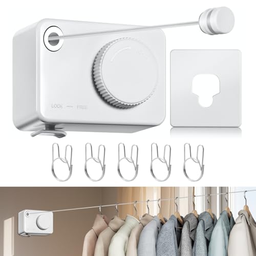Retractable Clothesline Indoor, Non-Sagging Clothes Line Retracting Outdoors,13.8Ft Heavy Duty Clothes Drying Laundry Line, Wall Mounted Clothesline with 5pcs Hooks (RectangleWhite) - color: White-13.8ft