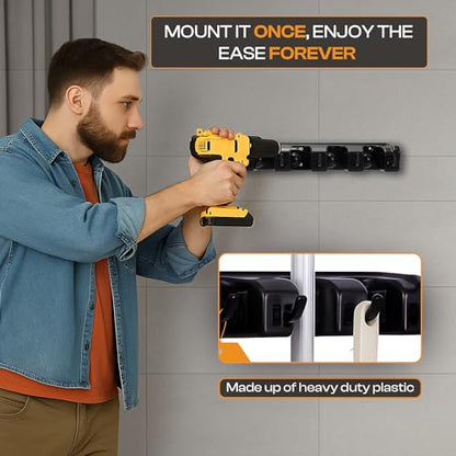 ABS Plastic Broom Holder Wall Mount, 5 Slots & 6 Hooks - size: 5 Slots & 6 Hooks