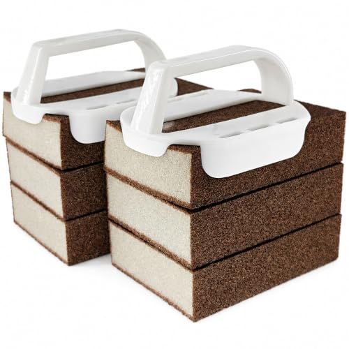 6 Pack Carborundum Sponge with 2 Handles–High Density Emery Sponge Scrubber - color: Brown-6pcs Sponge + 2 Handles