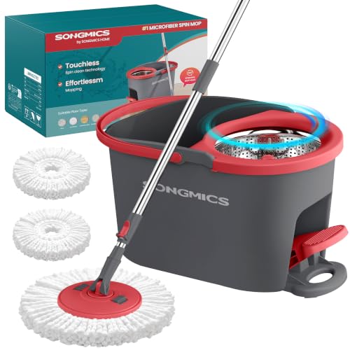 SONGMICS Spin Mop and Bucket Set with Pedal Wringer, 2 Microfiber Pads - color: Gray + Red, size: 2 Pads