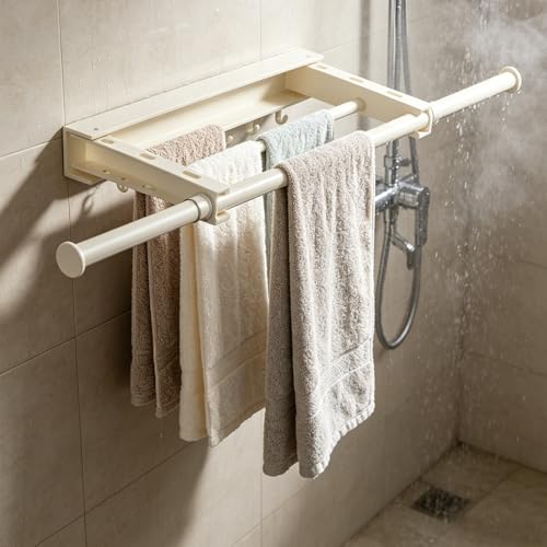 Wall-Mounted Dry Racks Retractable for Bathroom with 4 Hooks Clothes Drying Rack Bathroom Shelf for Collapsible Storage Rack Foldable Towel Holder for Kitchen, Balcony Laundry Room 16.8" to 29.5"