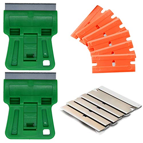 1.5 inches High Visibility Mini Razor Blade Scraper Glass Scraper Green Paint Window Scraper With 5 Metal Scraper Razor Blades 5 Dual Plastic Double Edge Razor Blades Removing Decal Stickers - color: Set E
