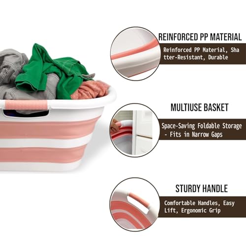 SAMMART 40L (10.5 gallon) Collapsible Plastic Laundry Hamper - Foldable Pop Up Storage Container/Organizer - Portable Washing Tub - Space Saving Basket (1, White/Quartz Pink) - color: White/Quartz Pink