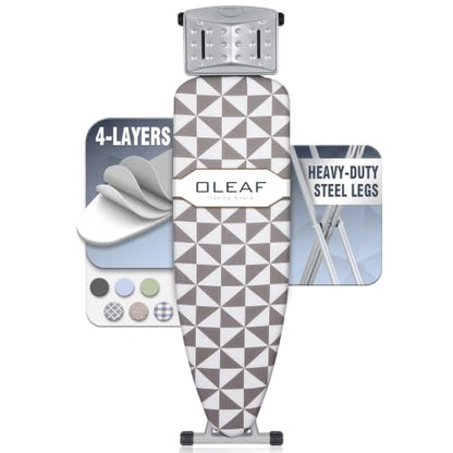oleaf Ironing Board with Cover and Thicken Pad Height Adjustable Full Size Foldable Iron Board with Iron Rest, Stable Steel Legs, Metal Construction, Heat Resistant, Gray and White Triangles - color: Gray and White Triangles