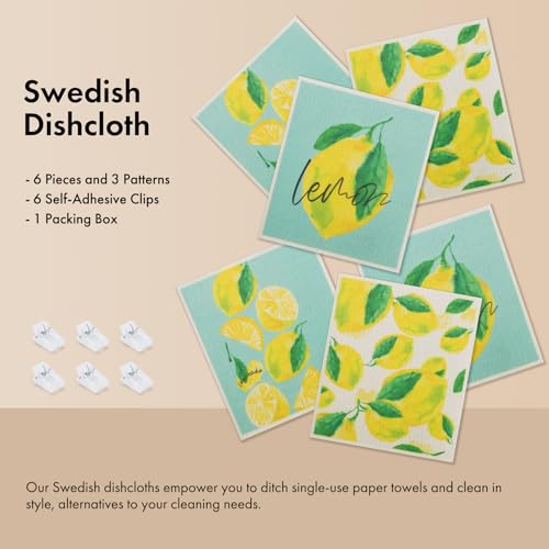 Swedish Dishcloths for Kitchen, 6 Pack Lemon Swedish Dish Towels with Clips, Reusable Paper Towels Washable Non-Scratch Super Absorbent Cellulose Sponge Cloths, Biodegradable No Odor - color: Lemon