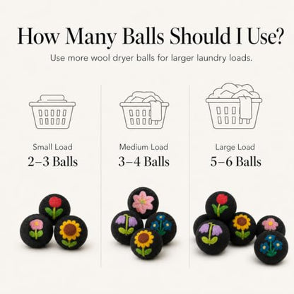 Wool Dryer Balls 6 Pack, New Zealand, Reusable Natural Fabric Softener - color: Black-flower