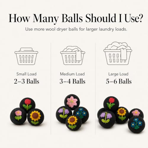 Wool Dryer Balls 6 Pack, New Zealand, Reusable Natural Fabric Softener - color: Black-flower