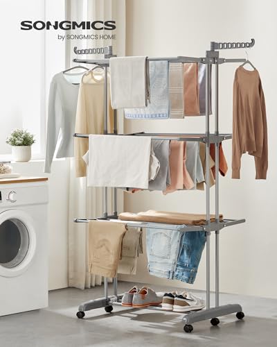 SONGMICS 4-Tier Clothes Drying Rack, Foldable, Rolling, 67.9-Inch Tall - color: Dove Gray, style: 4-Tier + Foldable