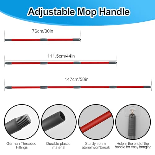 Spin Mop Handle Replacement for Ocedar, Mop Heads Replacements Compatible with RinseClean 2 Tank System,Include 2 Microfiber Mop Replace Heads,4 Section 30-58" Iron Mop Handle,1 Base and 1 Scrub Brush - size: 2 Tank