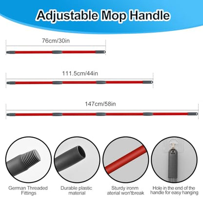 Spin Mop Handle Replacement for Ocedar, Mop Heads Replacements Compatible with RinseClean 2 Tank System,Include 2 Microfiber Mop Replace Heads,4 Section 30-58" Iron Mop Handle,1 Base and 1 Scrub Brush - size: 2 Tank