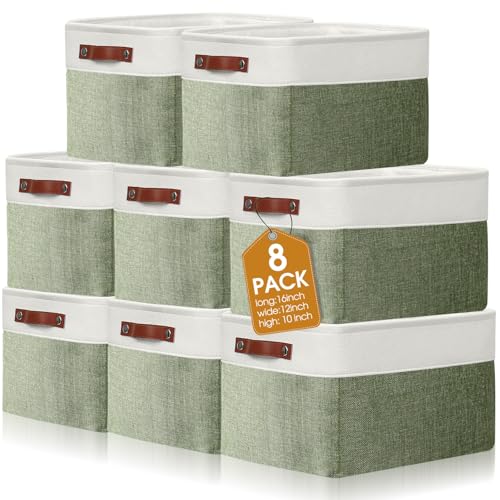 Uiifan 16 x 12 x 10 Inch 8 Pack Fabric Storage Baskets with Handles, Green - color: Green, size: 16 x 12 x 10 Inch
