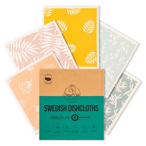 Harps&Seb Swedish Dishcloths for Kitchen Dish Towels - 5 Pack, Non-Scratch Reusable Paper Towels, Super Absorbent Washable Swedish Dish Cloths, No Odor, Biodegradable, Leaf Design - color: Leafy Vines, style: 5 Pack