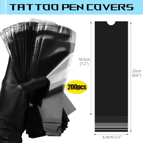 200pcs Tattoo Machine Covers Large Self Sealing Tattoo Pen Covers 2.5x8.6inch Disposable Cartridge Tattoo Machine Sleeves Bags Tattoo Supplies (Black, 200pcs Bags) - color: Black, size: 200pcs Bags