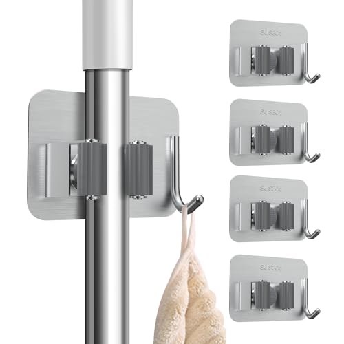 nacena 4 Pack No Drill Self Adhesive Broom Mop Holder Wall Mount with Hooks, Heavy Duty Stainless Steel Organizer for Kitchen Bathroom Garage Storage,Silver - color: Brushed Nickel, size: 4 Packs