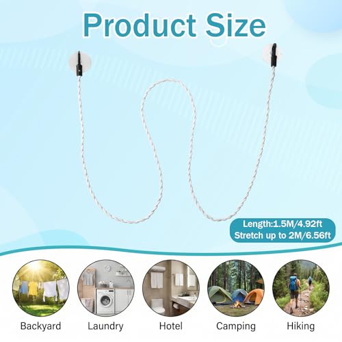 2 Pcs Travel Clothes Line, Portable Clothesline with Hooks and Suction Cups Retractable Travel Clothesline for Hotel Room Camping Clotheslines Accessories Cruise for Hanging Clothes