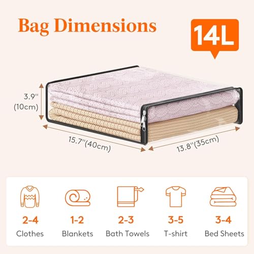 Lifewit 14L Clear Sheet Storage Bags with Zipper 6 Pack, Plastic Sweater Storage Bins for Clothing, Vinyl Foldable Clothes Containers Organizers for Closet, Blankets, Bedding 15.7 x 13.8 x 3.9 Inch - size: 14L