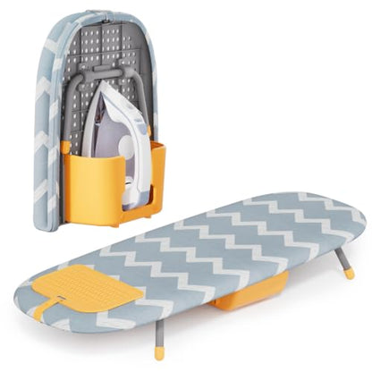 Small Ironing Board, Foldable Tabletop Ironing Board with Iron Holder and Silicone Iron Rest Pad for Small Spaces - color: Blue White Wave