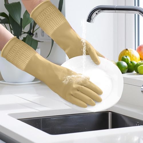 Rubber Gloves for Cleaning with Long Cuffs Waterproof Dishwashing Household Gloves with Grip for Kitchen Bathroom - color: Brown, size: Small