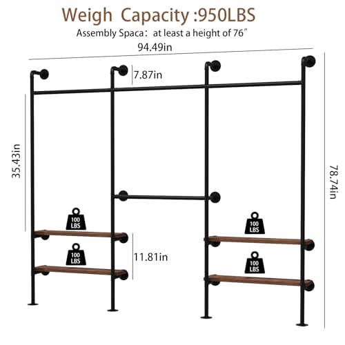HOMEKAYT Industrial Pipe Clothes Rack, Wall Mounted Clothing Rack with Shelves, Heavy Duty Multi-Purpose Storage Clothes Hanging Shelf - 94.5''L Black - color: black, size: 94.5''L-C