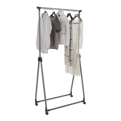 Whitmor Foldable Garment Rack - Rolling Clothes Rack - Adjustable Height Garment Rack, Heavy Duty Foldable Clothes Rack with Adjustable Hanging Rod for Home Office- Silver & Black - color: Black