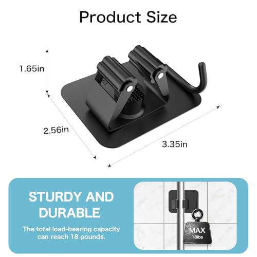 nacena 4 Pack No Drill Self Adhesive Broom Mop Holder Wall Mount with Hooks, Heavy Duty Stainless Steel Organizer for Kitchen Bathroom Garage Storage, Black - color: Matte Black, size: 4 Packs