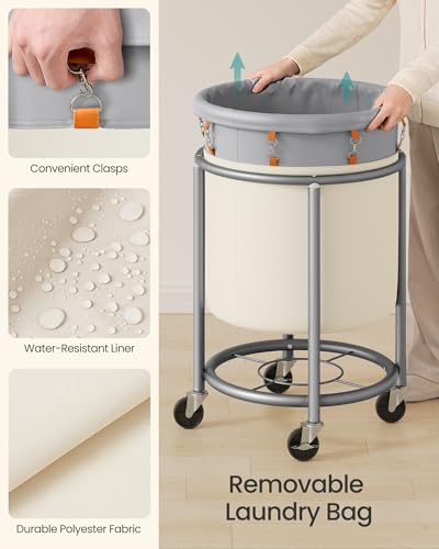SONGMICS Laundry Basket with Wheels, 29 Gal., Steel Frame, Removable Bag - color: Dove Gray + Cream White, size: 110 L (1-Section)