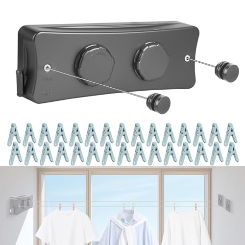 17Ft Retractable Clothesline Indoor/Outdoor, Comes with 40 clothespins, Anti-Sag for Drying Clothes line retracting Indoor/Outdoor, Dual-Line with Each Line 17Ft Long Laundry line Retractable - style: Gray