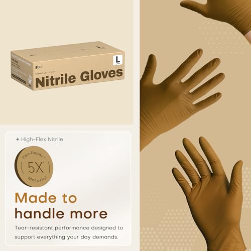 SUP Powder-Free Nitrile Exam Gloves, 100/1000 Ct Food Safe Latex-Free Disposable Glove Medical Cooking Cleaning Food Prep Tan - color: 100 Large (Trail Tan)