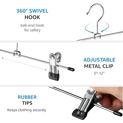ZOBER Metal Pants Hangers with Clips, Skirt Clothes Hangers, 20 Pack