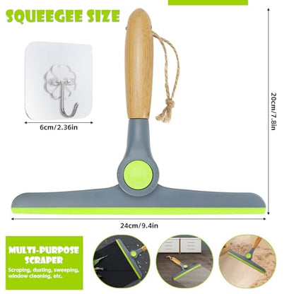 Shower Squeegee for Glass Doors, Car Window Squeegee with Wooden Handle and Hook, Squeegee for Shower Glass Door and Tile (Grey, Green)