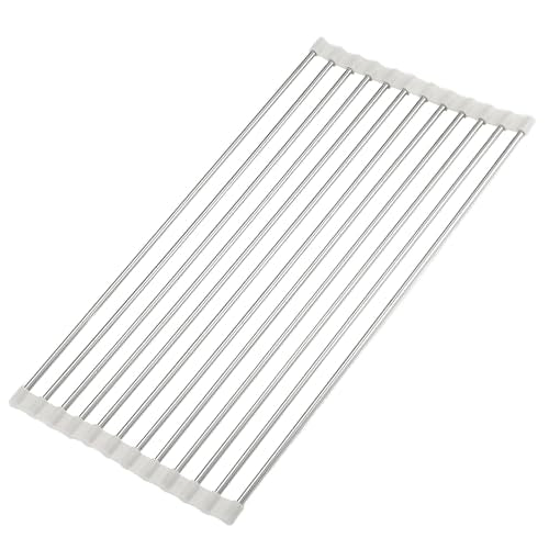 Roll Up Dish Drying Rack, Over Sink Multipurpose Rack, 17.6" x 9.3" Stainless Steel Foldable Dish Drainer, White