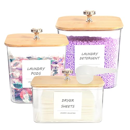 3 Pack Laundry Room Organization Storage Containers, Plastic Clear Laundry Pods Container & Dryer Sheet Holder Jars with Lids, Scoops & Labels for Detergent, Powder, Dryer Balls, Beads - color: 3pcs-square