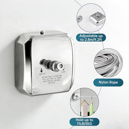 304 Stainless Steel Retractable Clothesline with Adjustable Rope String for Hanging Drying Shower Room(Sliver Square) - size: Sliver Square