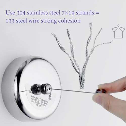 Clothes Line Retractable Clothesline of 304 Stainless Steel with Heavy Duty Adjustable Stainless Steel Wire Rope Retracting Clothes line Polished Chrome Finished - size: 2.8 m Retractable Clothesline