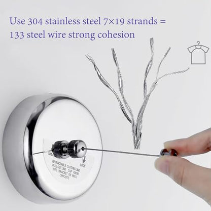 Clothes Line Retractable Clothesline of 304 Stainless Steel with Heavy Duty Adjustable Stainless Steel Wire Rope Retracting Clothes line Polished Chrome Finished - size: 2.8 m Retractable Clothesline