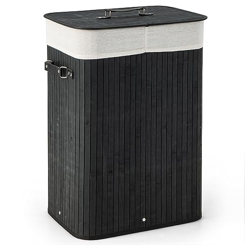 Giantex Bamboo Laundry Hamper with Lid Removable Liner & Handles - color: Black
