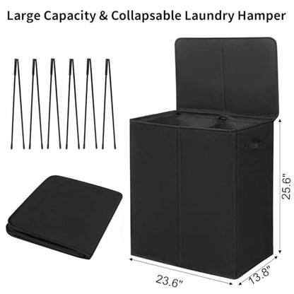 WOWLIVE 140L Double Laundry Hamper 2 Section with Lid and Removable Bags - color: Black, size: 140l (23.6x 13.8x 25.6 Inches)