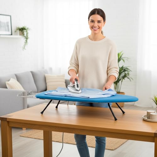 Metal Mesh Panel Tabletop Ironing Board | Foldable Iron Board | Heavy Duty Small Iron Board with Heat Resistant Cover and 100% Cotton 8mm Thicken Pad (Blue) - color: Blue