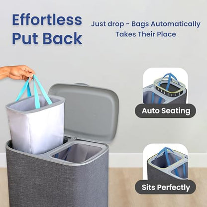 XABITAT Dual Section 90L Laundry Basket with Wheels and Lid – Tall divided Double Laundry Hamper with 2 Removable Washable Bags, Large Laundry Sorter for Easy Clothes Separation