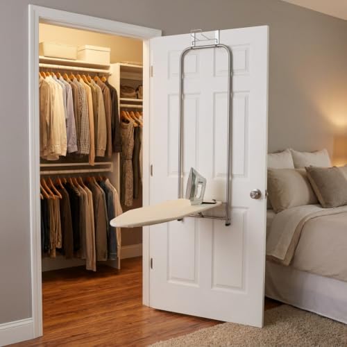 Household Essentials 144222 Over The Door Small Ironing Board with Iron Holder, Natural Cotton Cover Silver - color: Silver