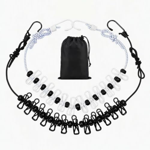 Travel Clothesline 2 Pack, Portable Elastic Laundry Line with 12 Clips and Windproof Spacing Beads, Adjustable Clothes Drying Rope with Hooks and Storage Bag for Camping, Hotel, RV, Cruise, Outdoor