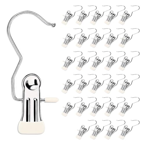 30 Pieces Boot Hanger Clips with Hook, Multifunctional Stainless Steel Clothes Pins, Space Saving Single Hanging Clips for Closet Pants Hats Socks Gloves Towels, White