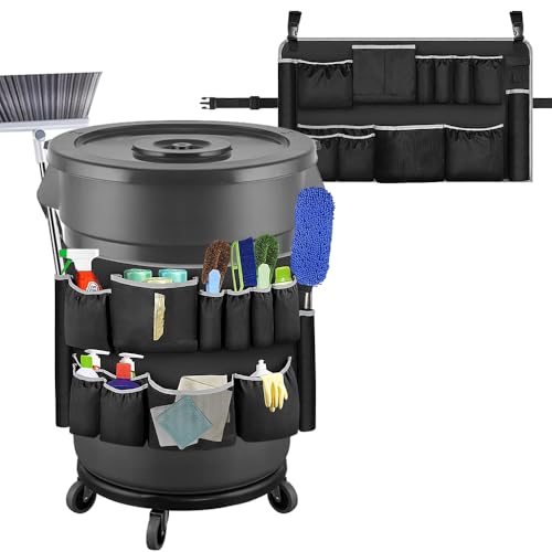 Trash Can Caddy Fit 32-55 Gallon Garbage Bins,Professional Tool Housekeeping Dispenser Storage Organizer Cleaning Supplies Caddy Adjustable Buckle,for Janitorial Trash Can,Maid Janitorial Duty